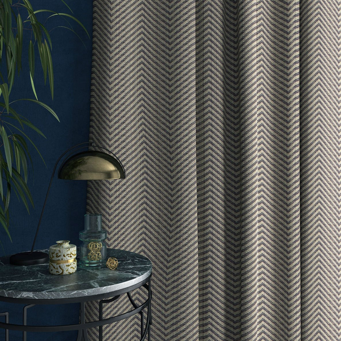  Curtain in a navy blue herringbone fabric
