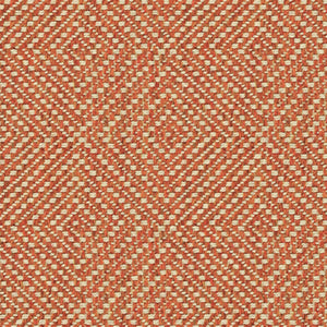 Orange fabric suitable for curtains and upholstery with a light neutral geometric woven design