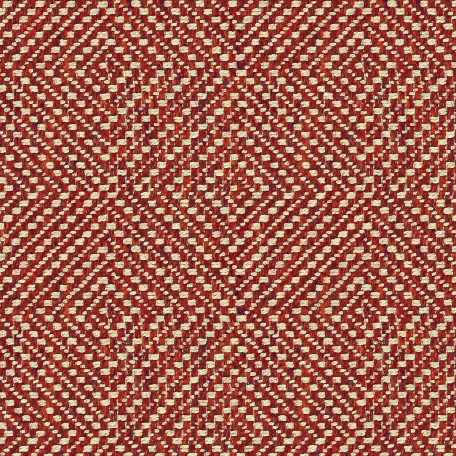 Raspberry red fabric suitable for curtains and upholstery with a light neutral woven geometric design