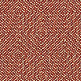 Raspberry red fabric suitable for curtains and upholstery with a light neutral woven geometric design