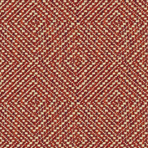 Raspberry red fabric suitable for curtains and upholstery with a light neutral woven geometric design