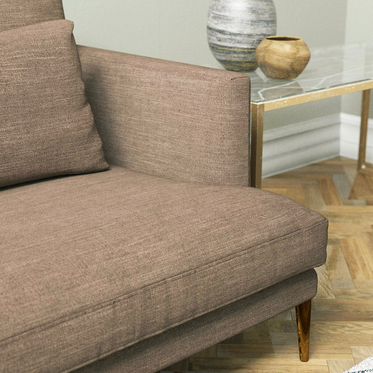 Sofa upholstered in a mink coloured linen blend fabric