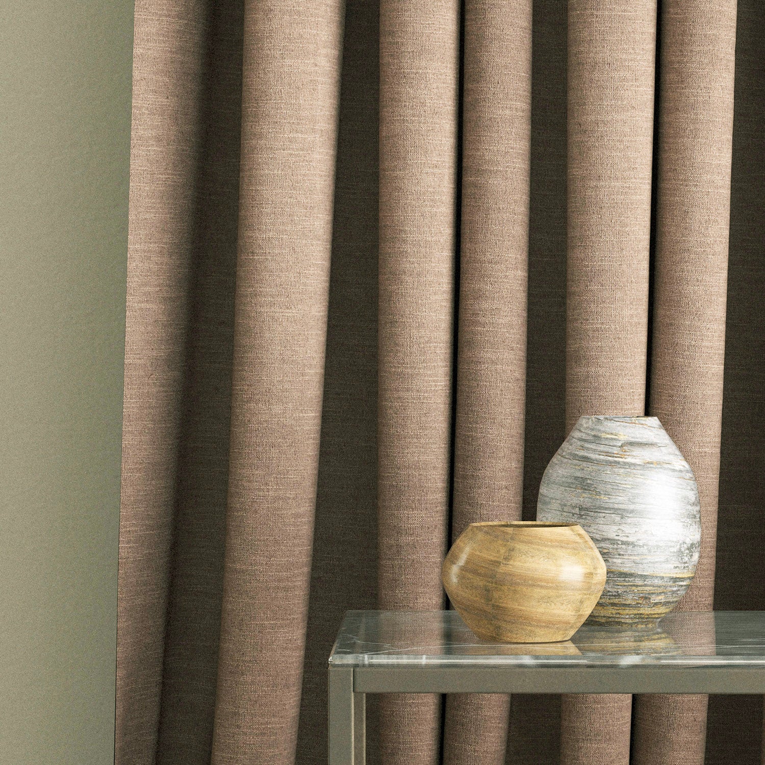 Curtain in a mink coloured linen blend fabric