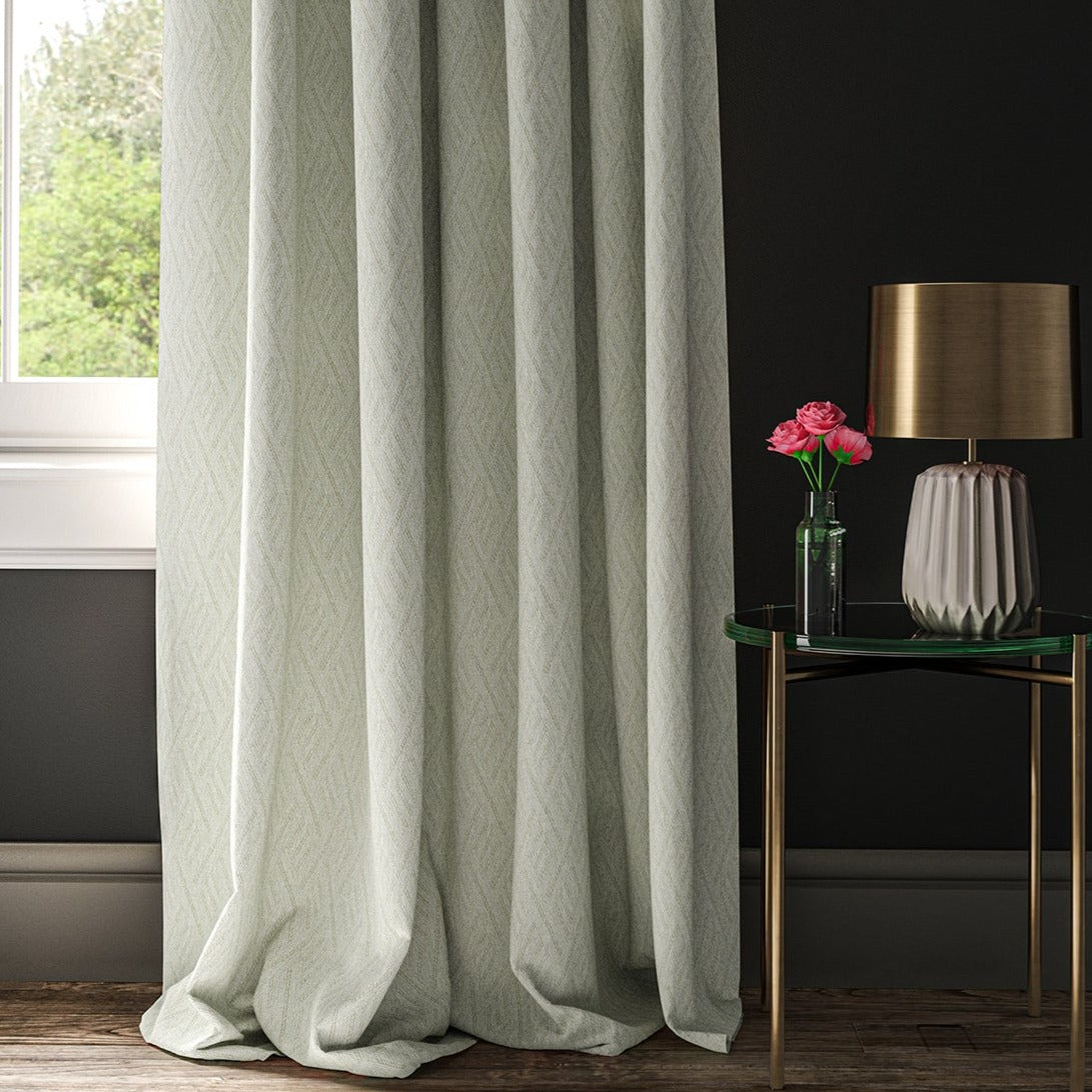 Curtain in an off-white geometric weave fabric