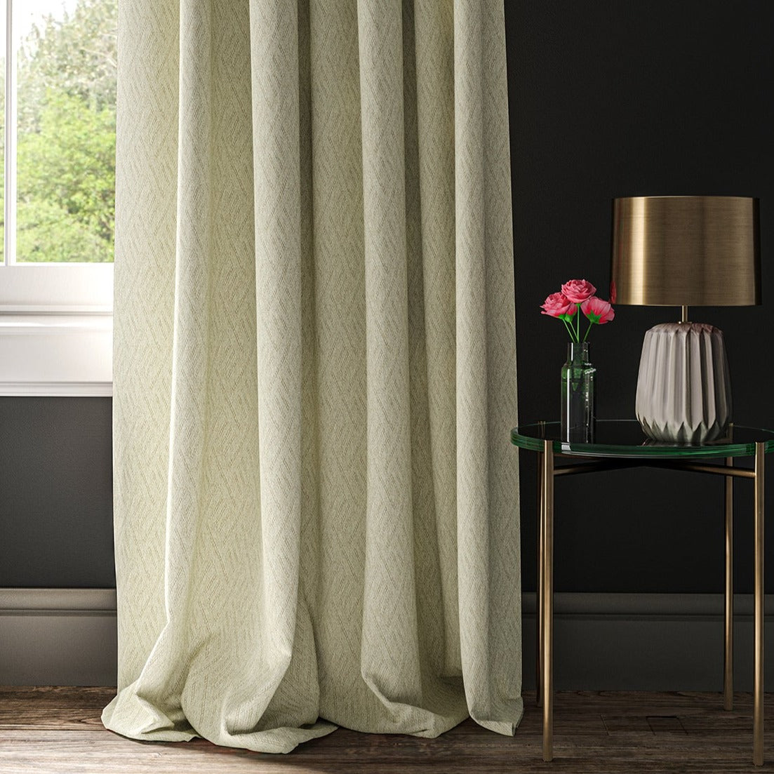 Curtain in a off white geometric weave fabric