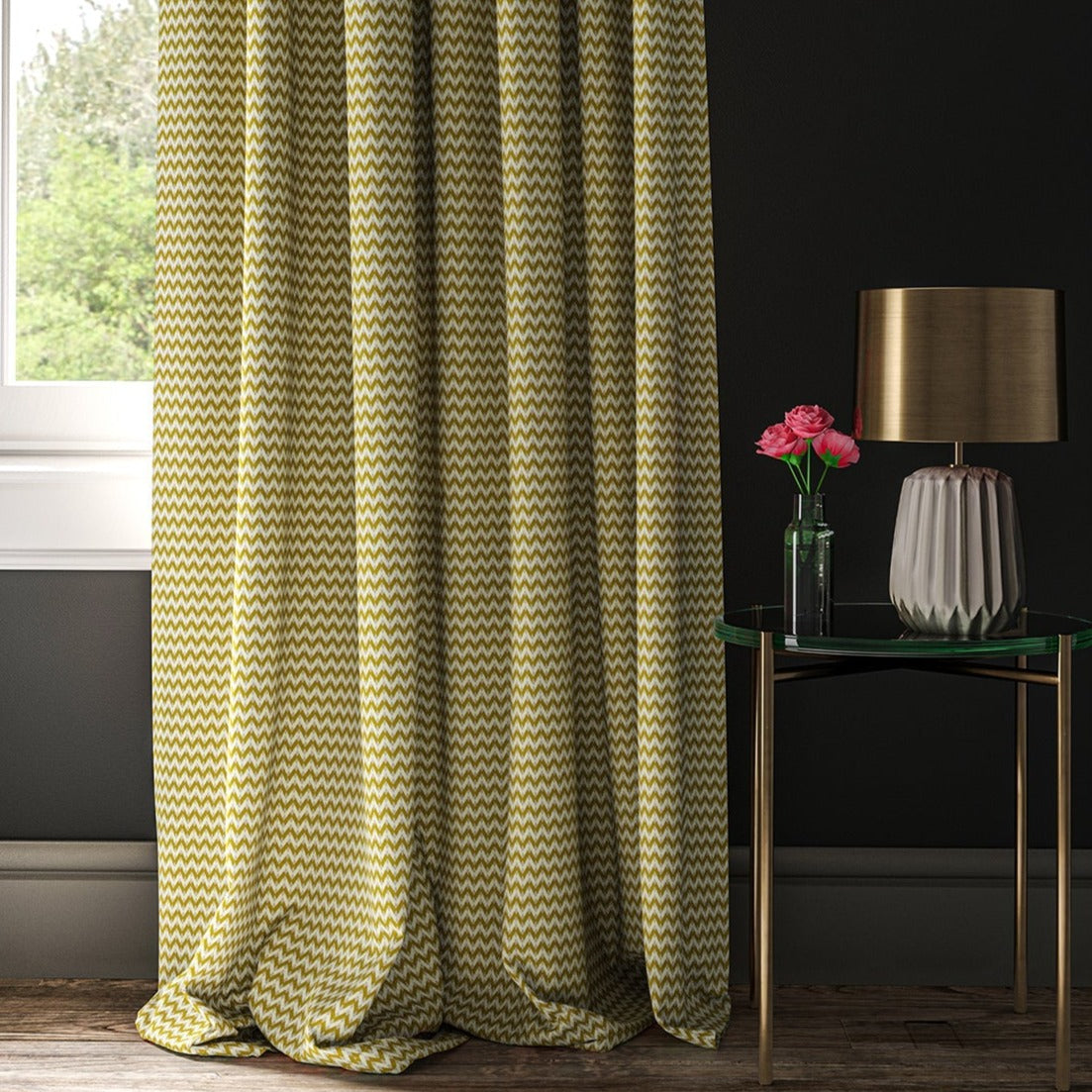 Curtain in a yellow and neutral geometric weave