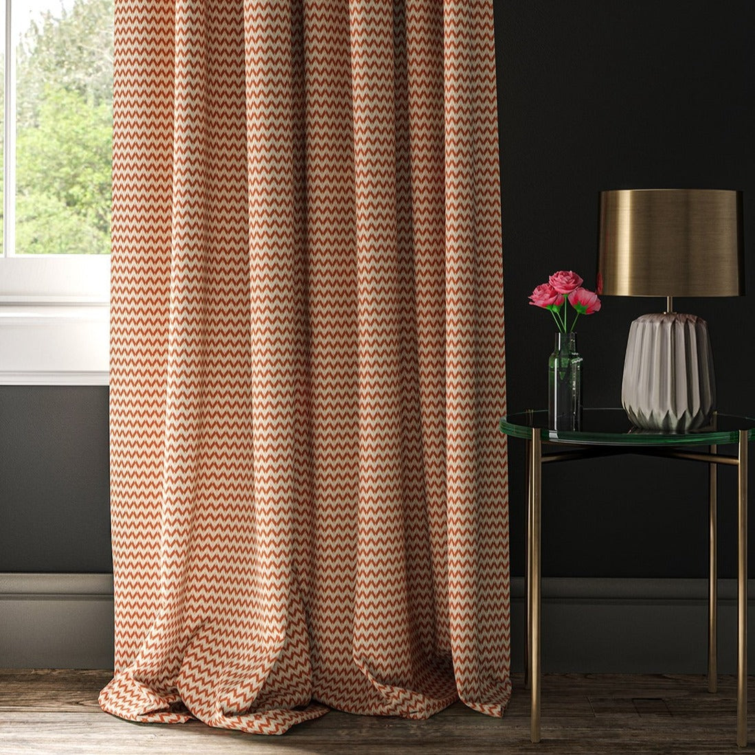 Curtain in a orange and off white geometric weave fabric
