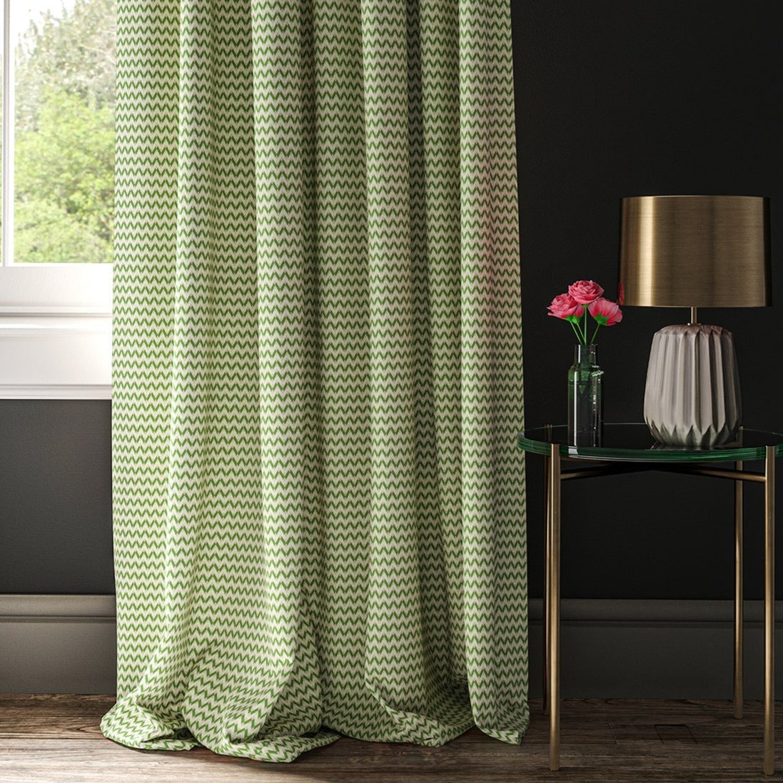 Curtain made with a light green, pink and cream geometric weave fabric
