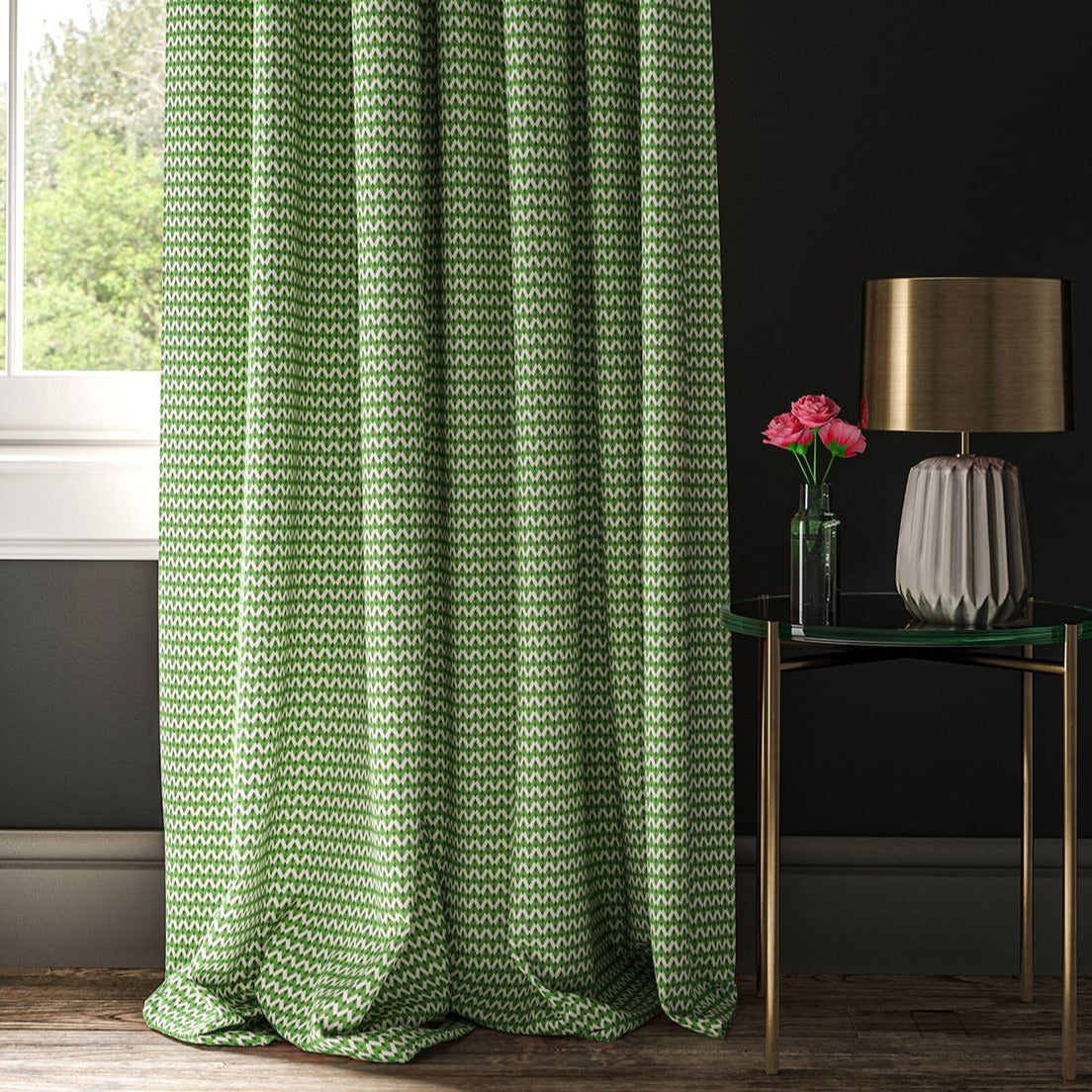 Curtain in a small scale green white and black geometric weave.