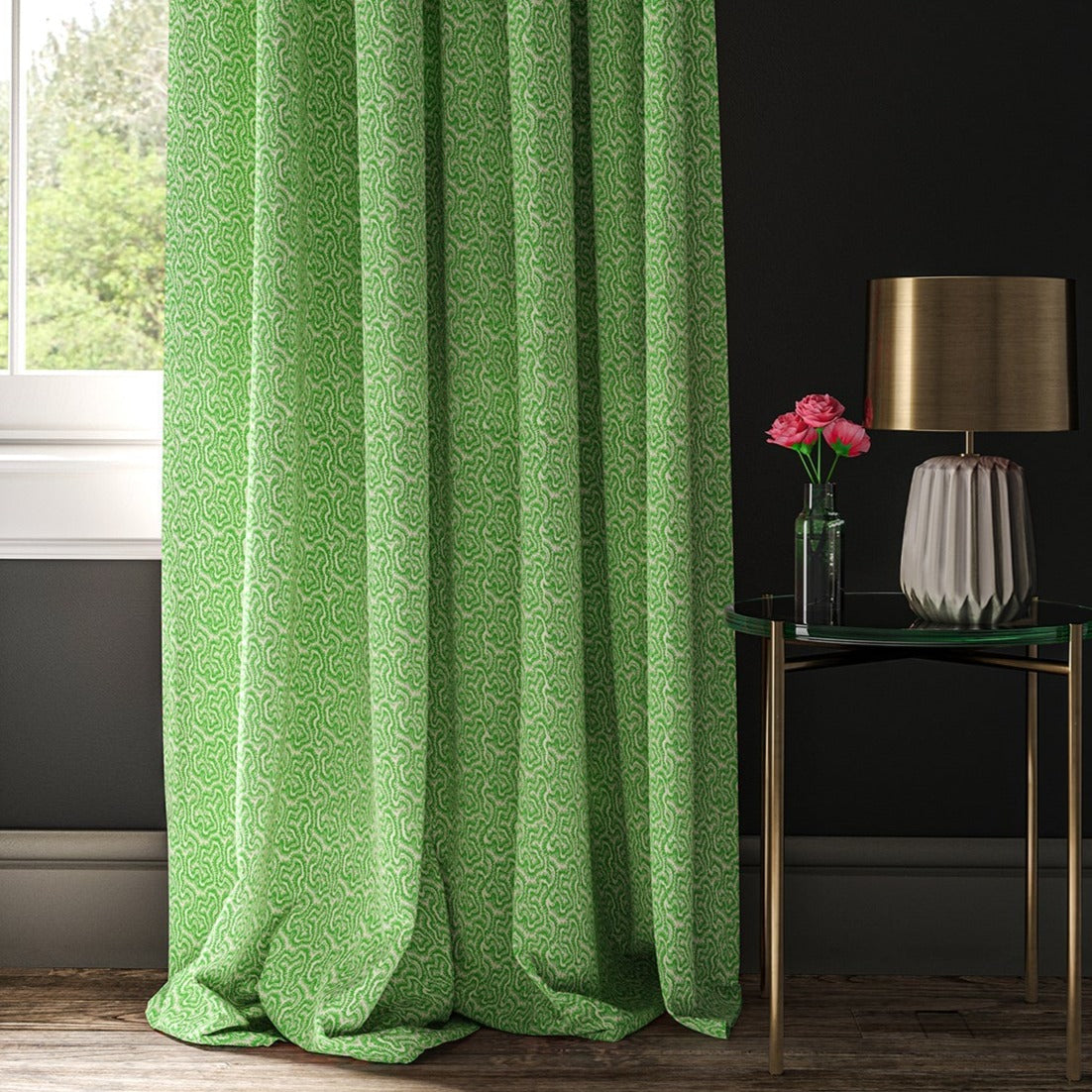 Curtain made with a green and white wavy weave fabric.