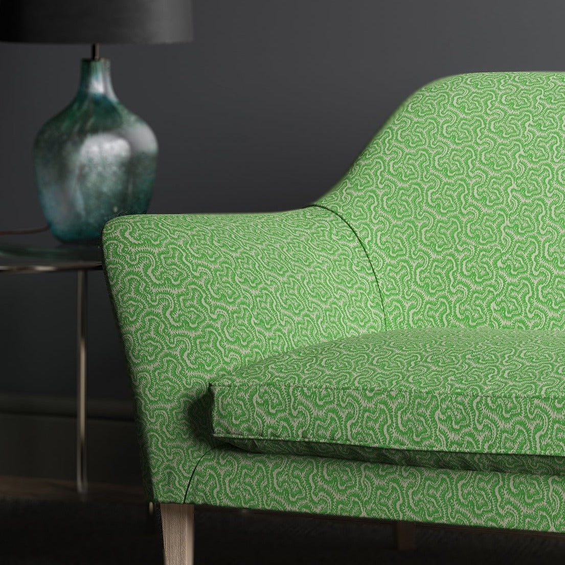 Sofa upholstered in design name Polka, colourway Grasshopper from Tango Weaves.