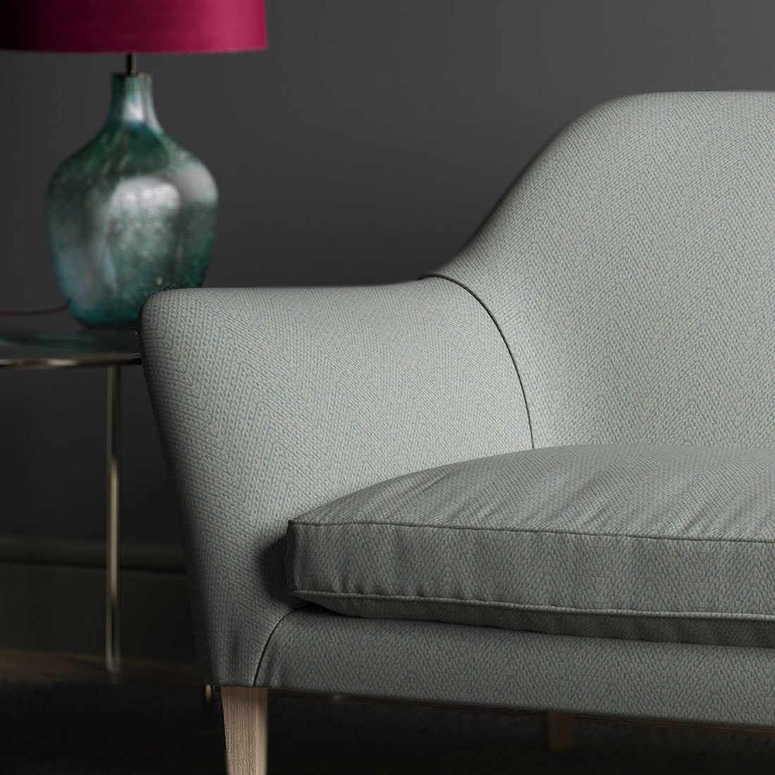Sofa upholstered in design name Salta, colourway Powder Blue from Tango Weaves.