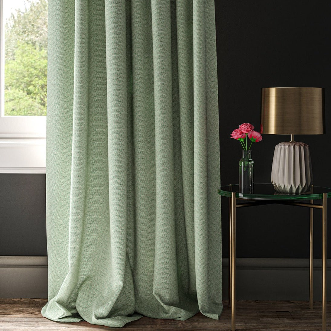 Curtain in a turquoise and white geometric weave fabric.