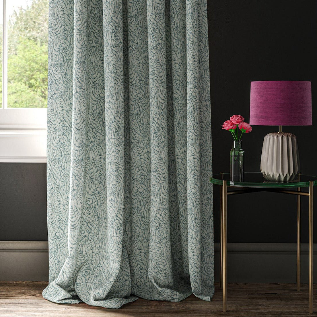 Blue curtain with a small white print
