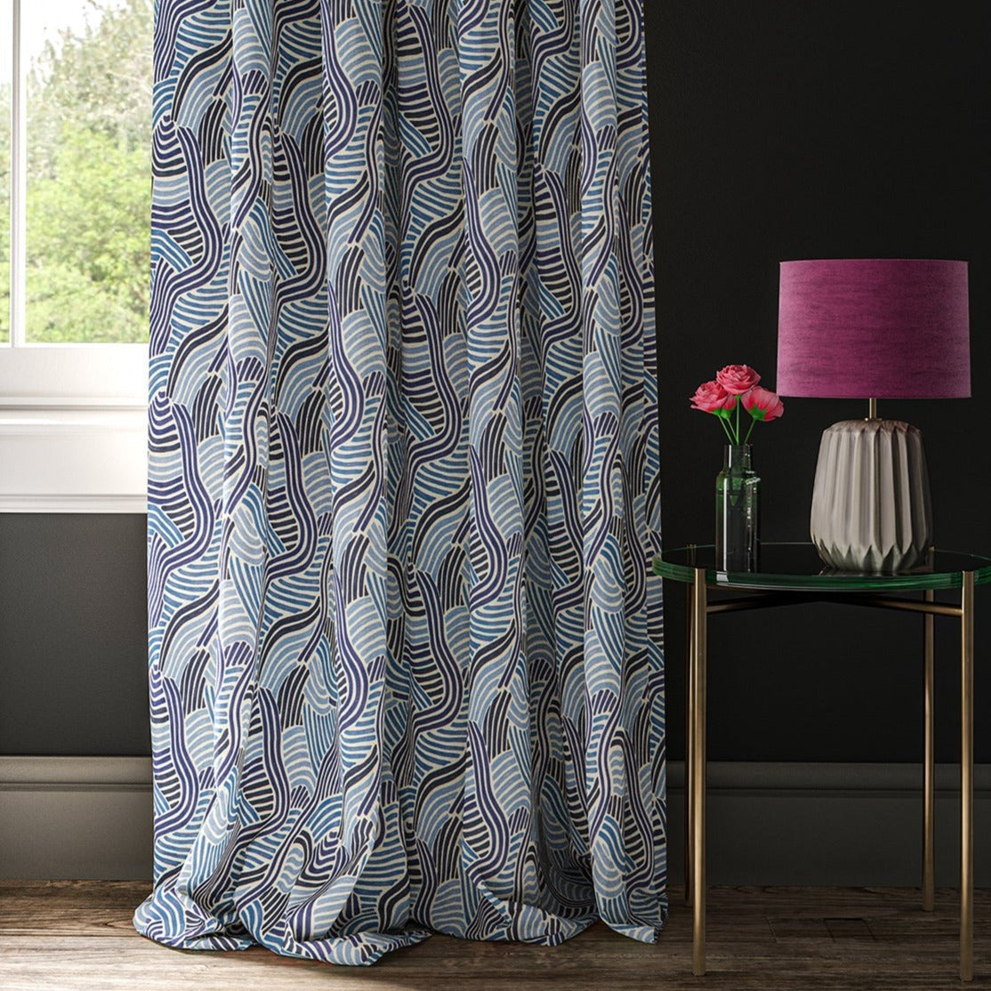 Linen curtain with a contemporary wavy blue design