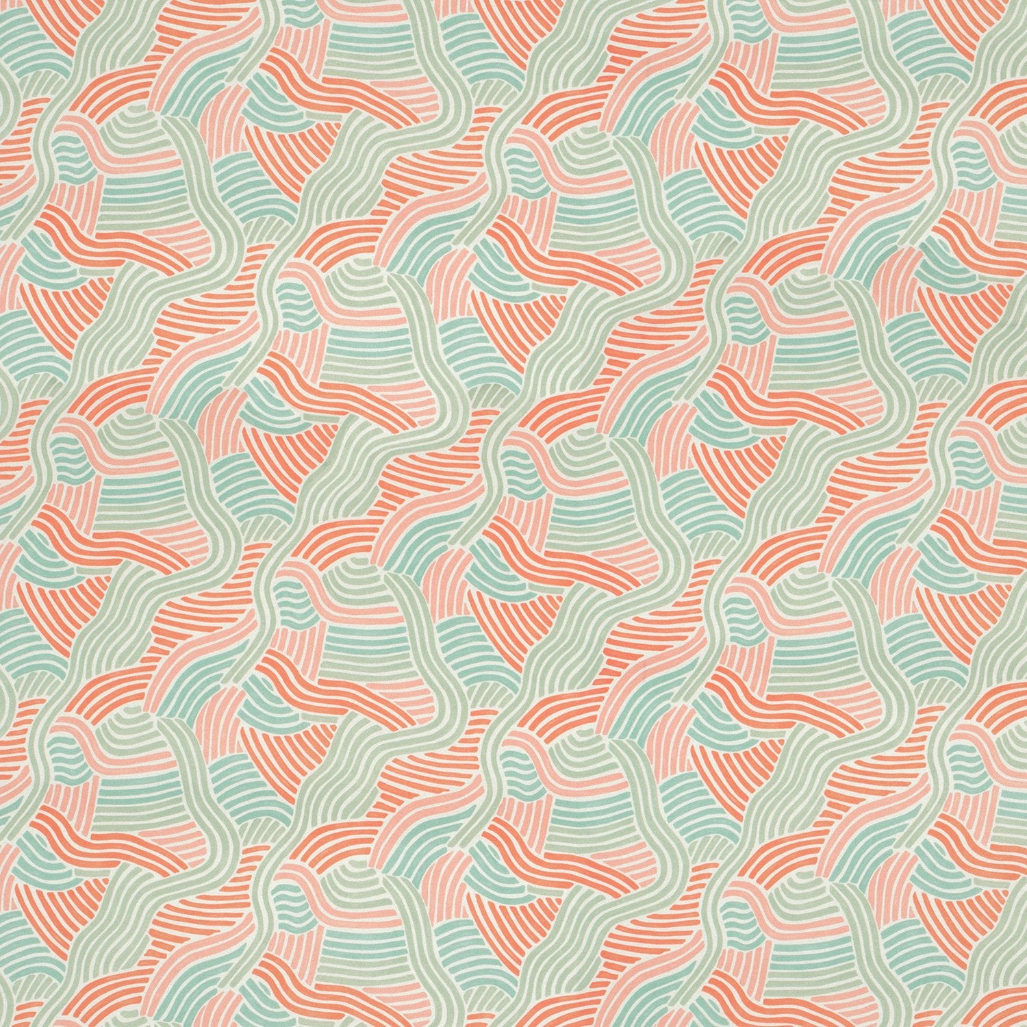 Sample of a contemporary wavy design in pastel pink and green on a linen fabric