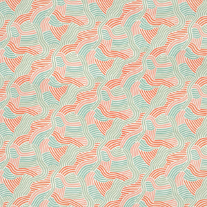 Sample of a contemporary wavy design in pastel pink and green on a linen fabric