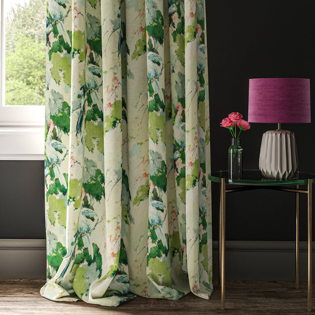 Linen curtain with a tropical bird print fabric