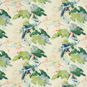 Light linen fabric with a tropical bird design