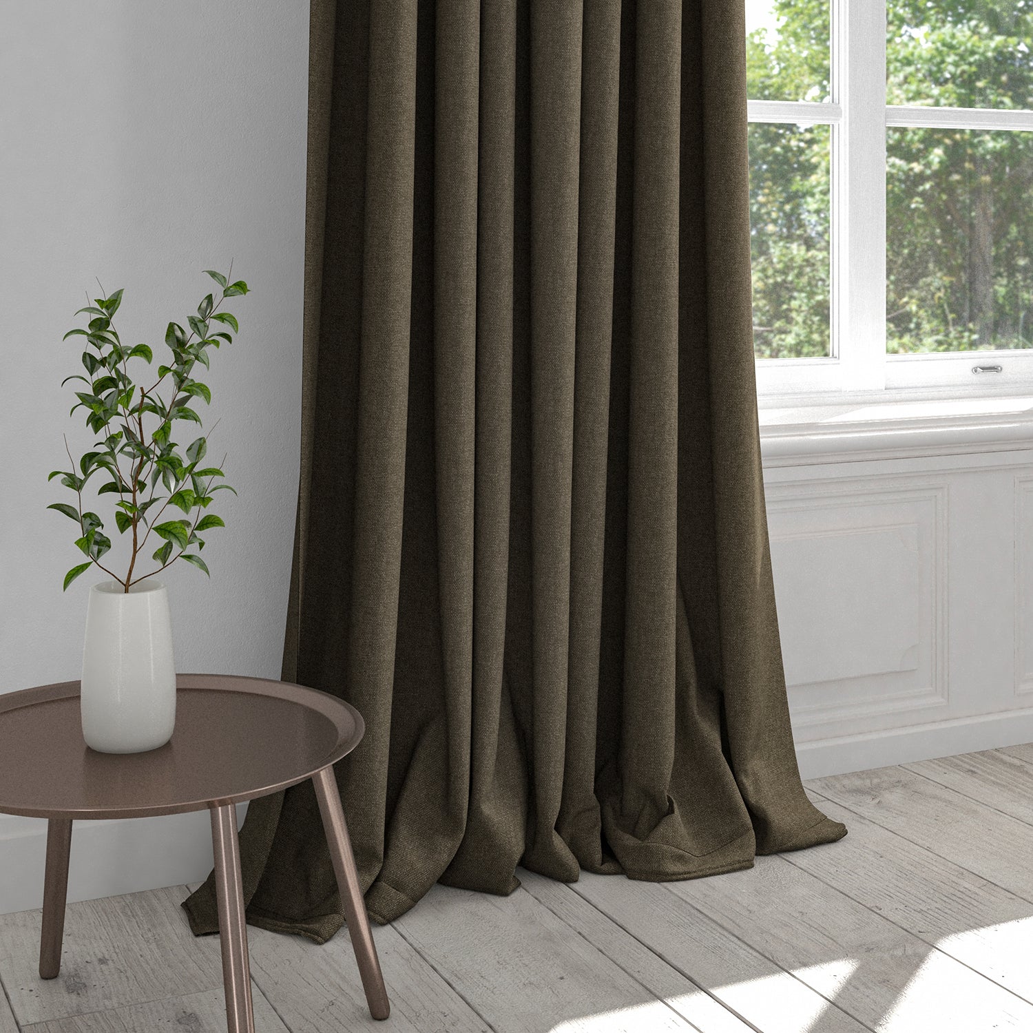 Curtain in a brown cotton washable furnishing fabric