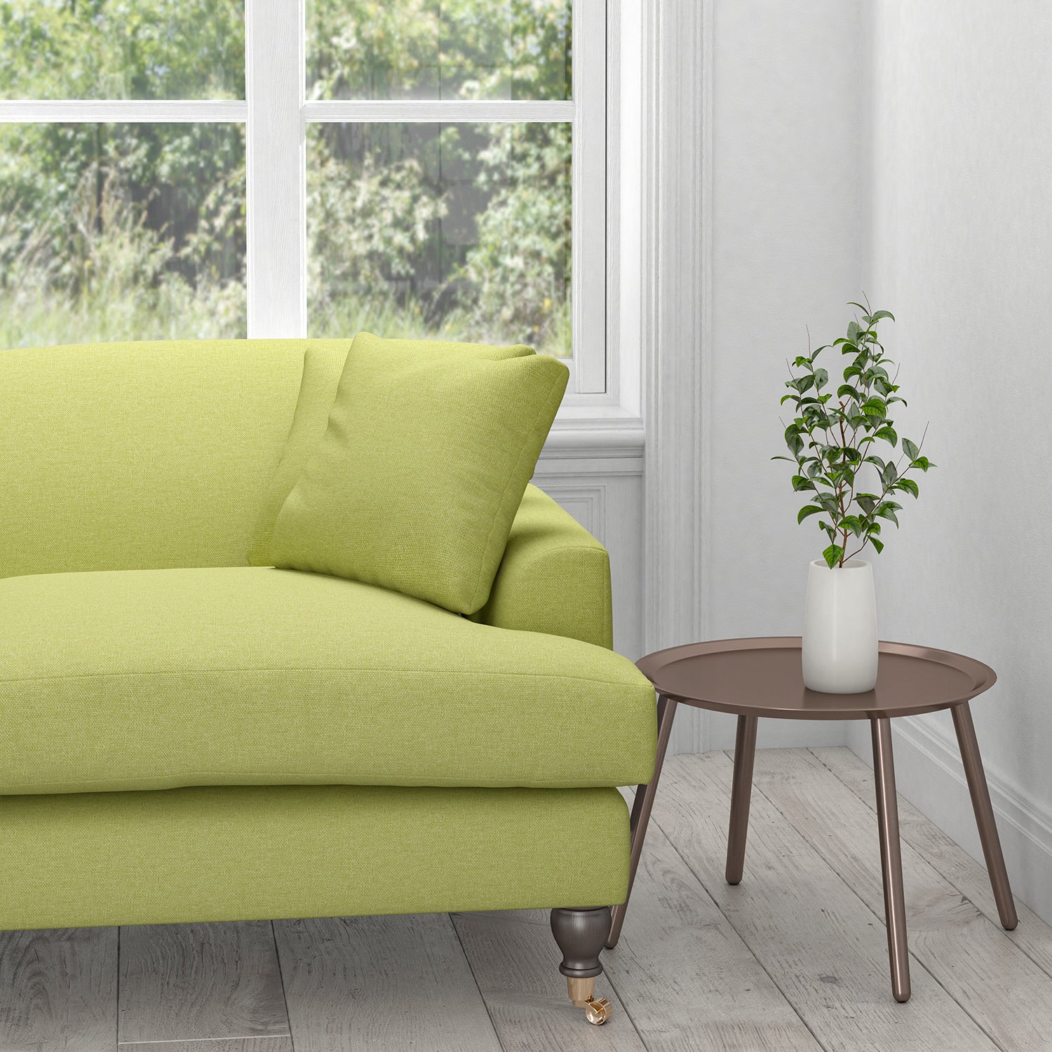 Sofa in a plain lime green cotton upholstery fabric
