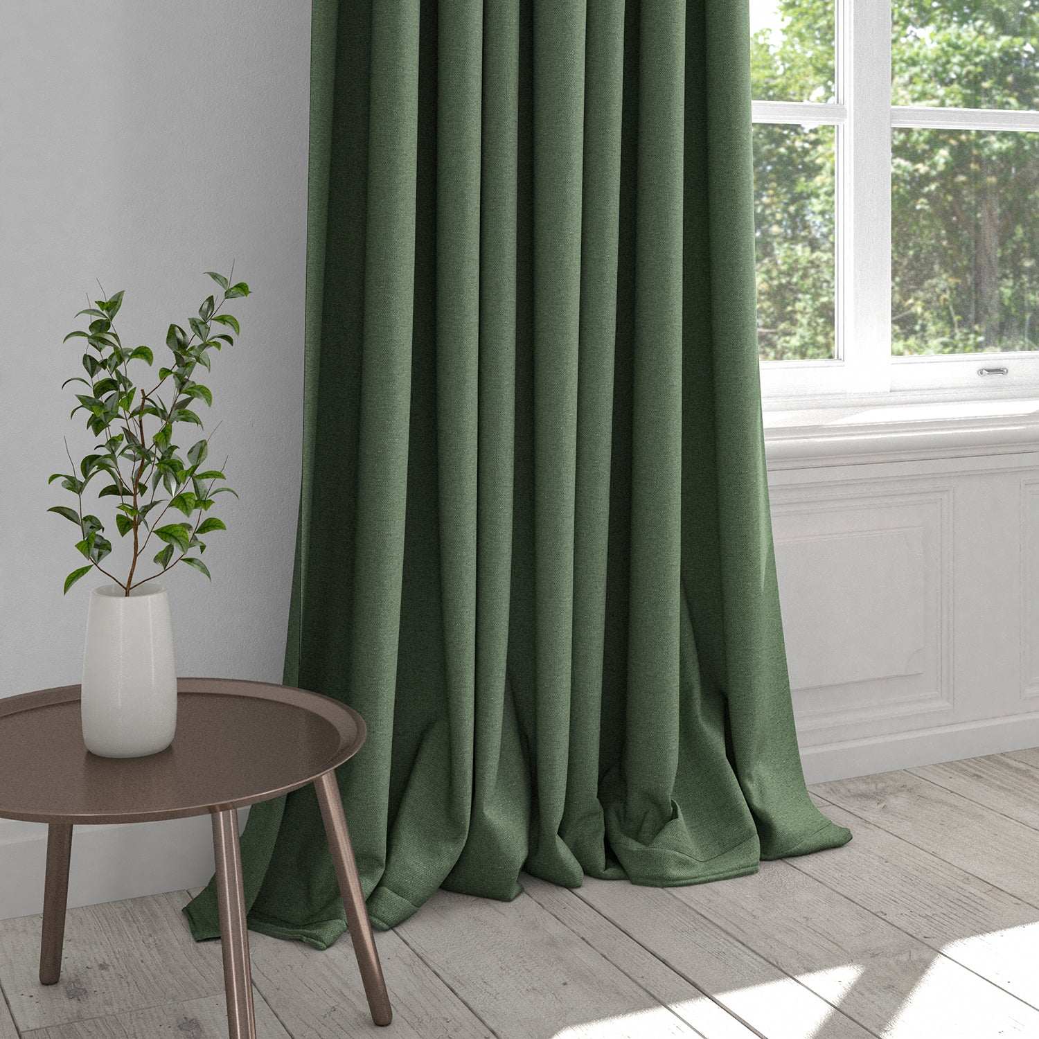 Curtain in a plain sage green cotton fabric