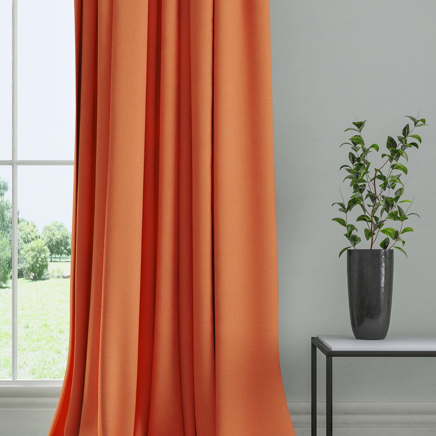 Curtain in a plain fabric, colour Tangerine.