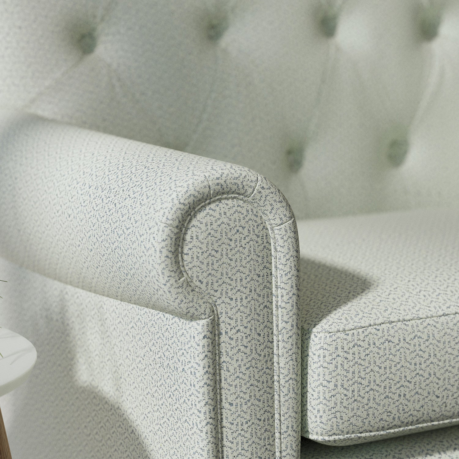 Sofa upholstered in a blue Scandi-style semi-plain upholstery fabric with a stain resistant finish