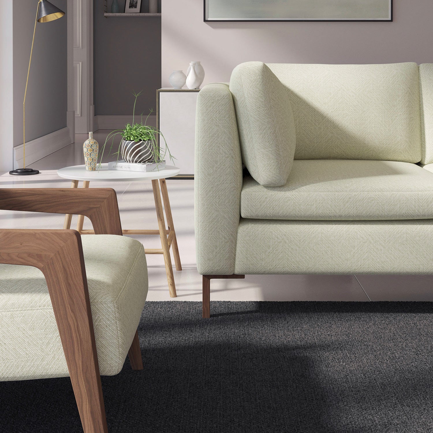 Living room with a contemporary sofa upholstered in a beige semi-plain Scandi-style upholstery fabric