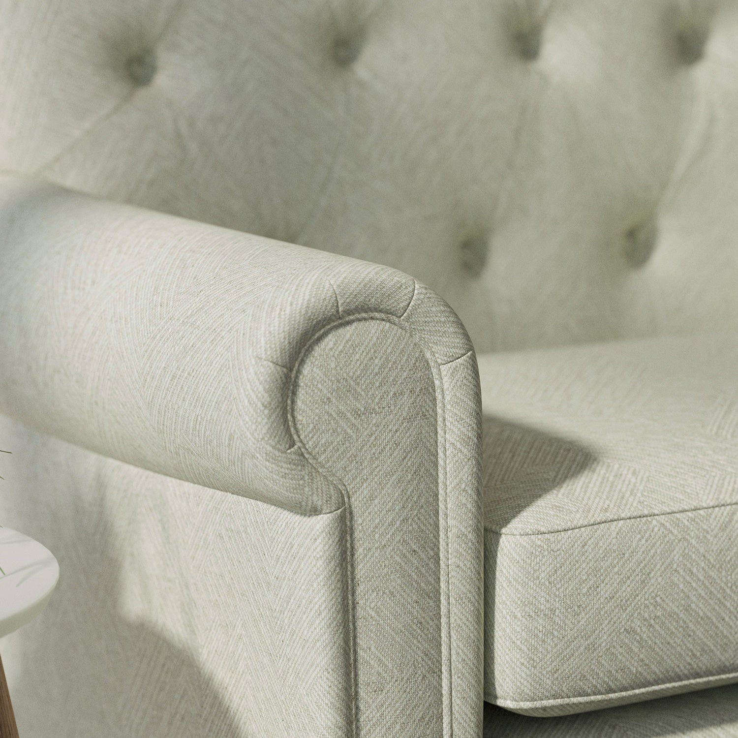 Sofa upholstered in a grey semi-plain Scandi-style upholstery fabric