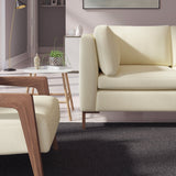 Living room with a contemporary sofa upholstered in a cream semi-plain Scandi-style upholstery fabric