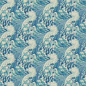 Fabric swatch of a blue velvet fabric with wave design, suitable for curtains and upholstery and with a stain resistant finish