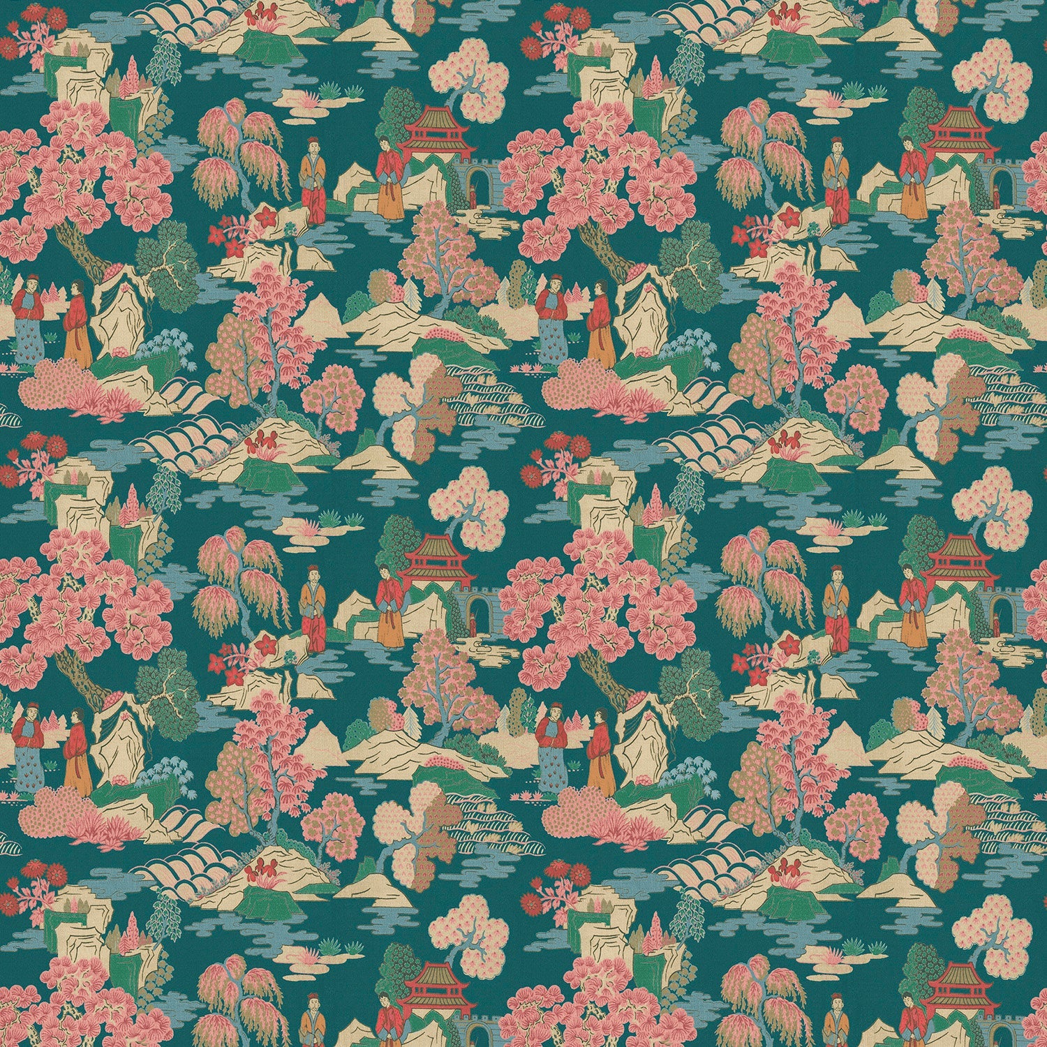 Sample of a Japanese-style toile printed velvet fabric.