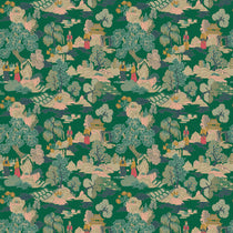 Fabric swatch of a printed velvet fabric featuring a Japanese-style toile in green.
