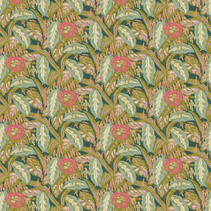 Fabric swatch of a floral-style printed velvet fabric in olive.