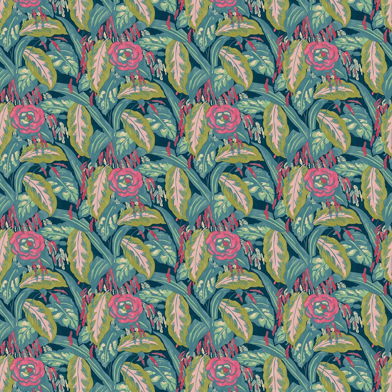 Fabric swatch of a floral-style printed velvet fabric in pink, green and blue.