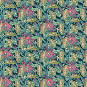 Fabric swatch of a floral-style printed velvet fabric in pink, green and blue.