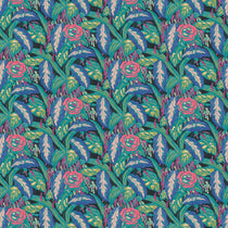 Fabric swatch of a floral-style printed velvet fabric in blues and greens.