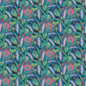 Fabric swatch of a floral-style printed velvet fabric in blues and greens.