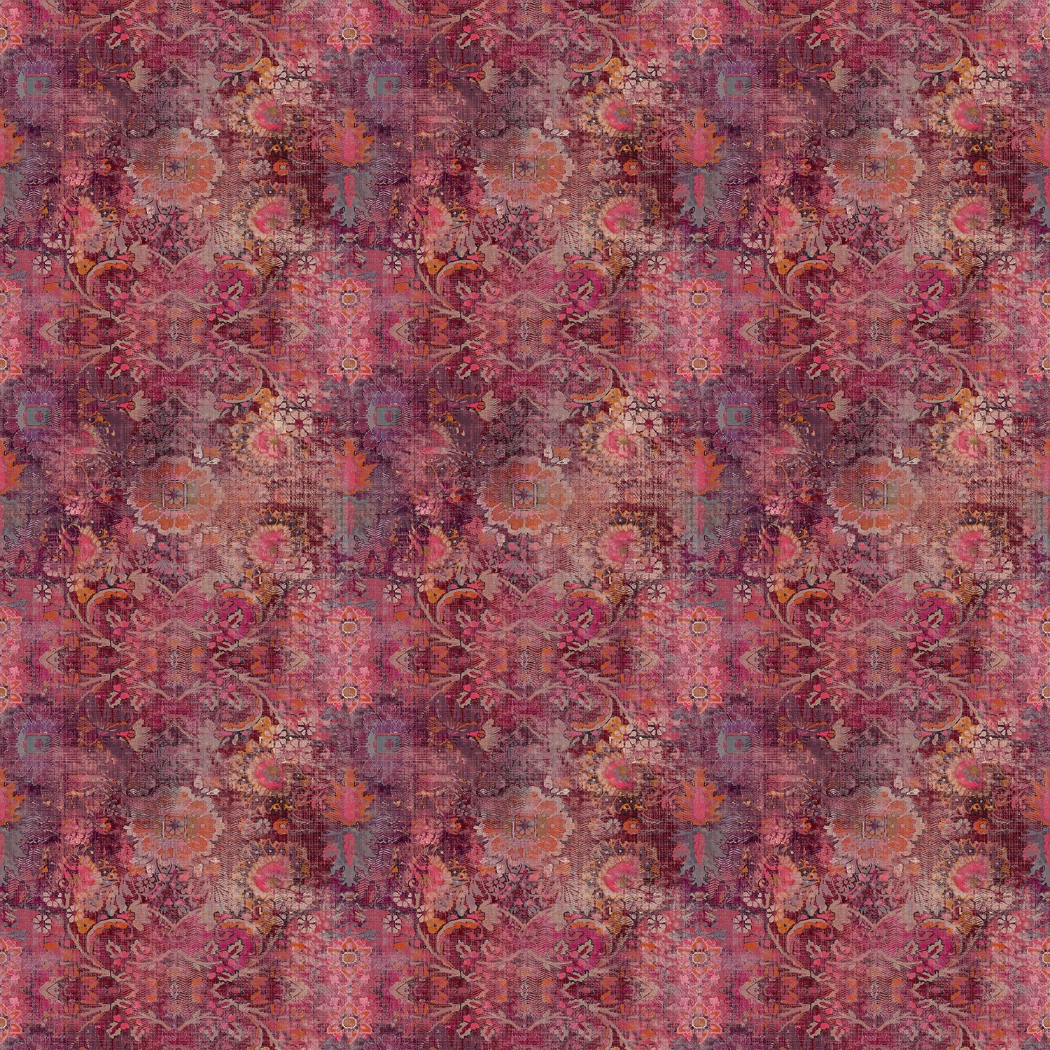 Sample of pink printed velvet fabric based on a classic Persian rug design.