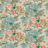 Fabric swatch of a printed velvet fabric featuring a floral design in ivory and pink.