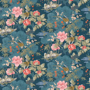 Fabric swatch of a printed velvet fabric featuring a floral design in blue.