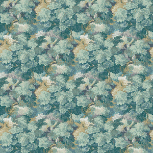 Sample of a printed velvet fabric featuring a classic oak leaf design in teal.