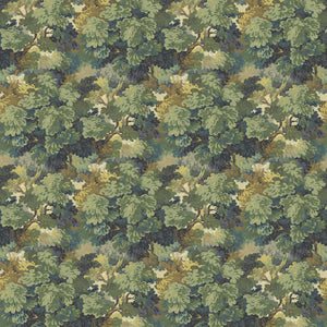 Sample of a printed velvet fabric featuring a classic oak leaf design in green.