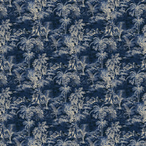Printed velvet fabric swatch of a rich, tropical-style toile in Indigo.