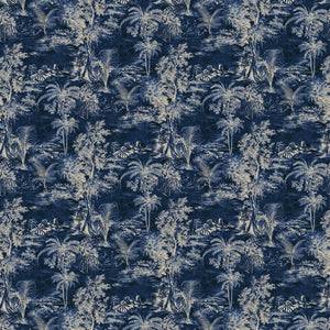 Printed velvet fabric swatch of a rich, tropical-style toile in Indigo.