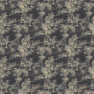 Printed velvet fabric swatch of a rich, tropical-style toile in slate.