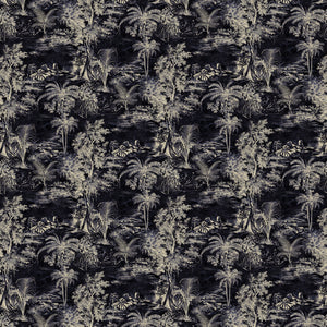 Printed velvet fabric swatch of a rich, tropical-style toile in dark grey.