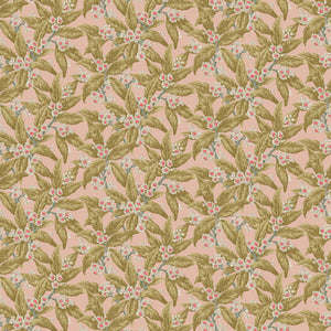 Fabric swatch of a light pink printed velvet fabric with ochre leaves and pretty flowers, suitable for curtains and upholstery and with a stain resistant finish