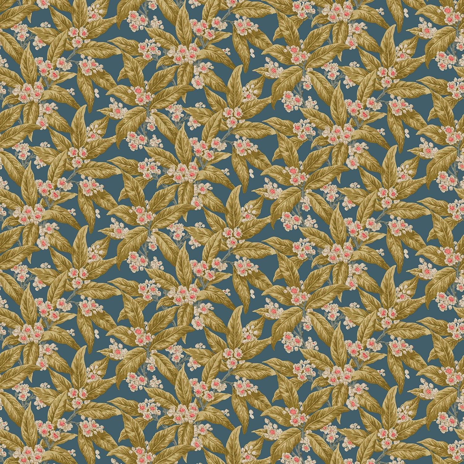 Fabric swatch of a dark blue velvet upholstery fabric with ochre leaves and pretty flowers.